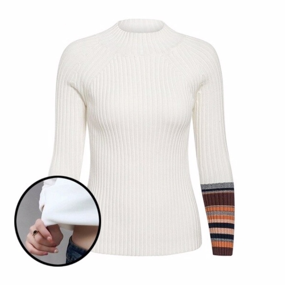 White Rib-Knit Crew Neck Sweater Striped Sleeves - Picture 5 of 8